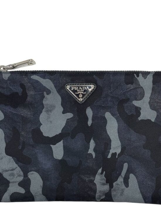 Prada Camouflage Nylon Pouch Makeup Black Triangle Plate Logo Sophistication